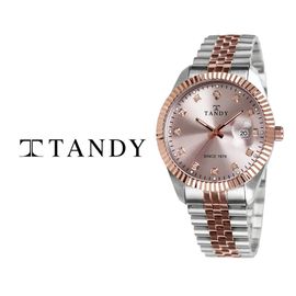 [TANDY] Luxury Couple Metal Watch T-3909 – 12 Austrian Stones, Cyclops Lens Over 3H Date Window, Elegant Design, Stainless Steel Band